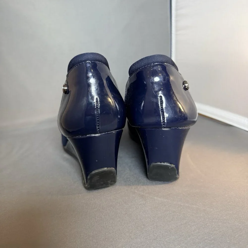 Anne Klein Sport Blue Glittering Criss Cross Strap Accent Slip On Wedges 8.5 - Picture 3 of 8